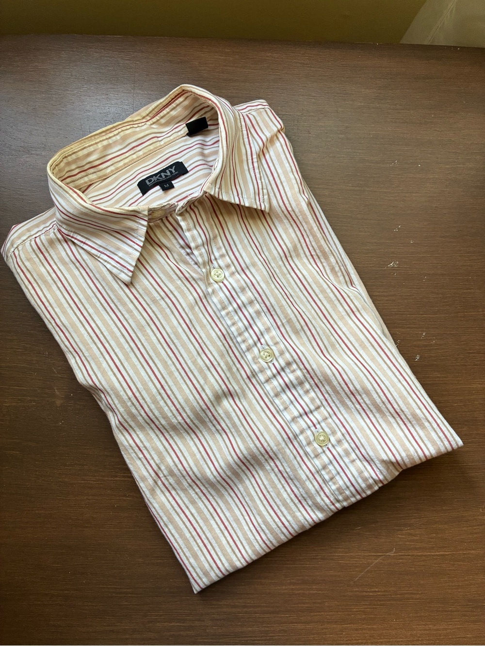 DKNY Cream Button-Down Shirt with Red and Tan Stripes
